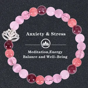 Detailed view of natural stone healing beads with silver lotus pendant for yoga