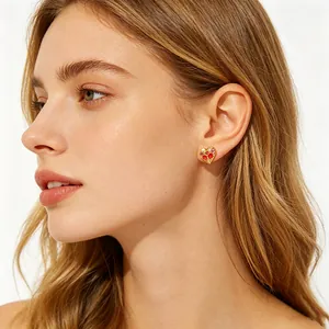 Heart Stud Earrings 18K Gold Plated Stainless Steel Pave Rhinestone Screw Back Fashion Jewelry For Women