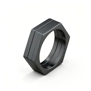 Industrial style black hexagonal nut ring for men made of matte stainless steel