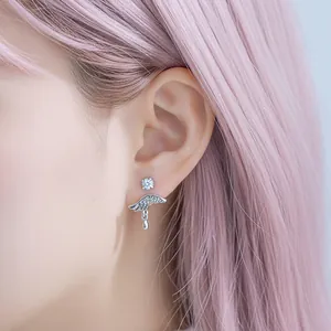 Elegant silver angel wing drop earrings with cubic zirconia stud and water drop charm
