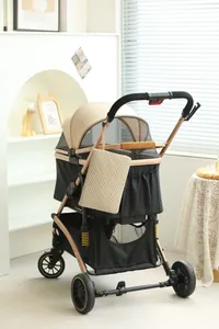 Detail of champagne gold frame and quilted organizer bag on the foldable pet stroller