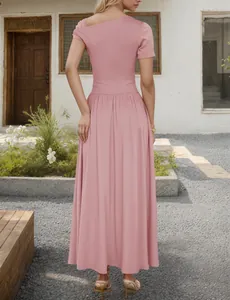 Detail of elegant one-shoulder mauve maxi dress showing flowing fabric and back view