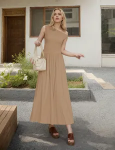 Detail of elegant khaki one-shoulder maxi dress with a flowing long skirt for summer