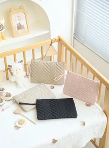 Detailed view of quilted travel makeup bags with wavy patterns and metal zippers