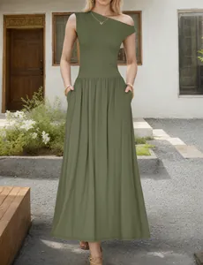 Detail view of the deep olive green maxi dress featuring hidden side pockets and high waist