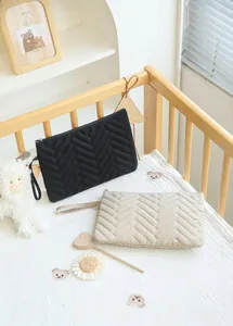 Close-up of quilted cosmetic bags with chevron pattern and sturdy hand straps