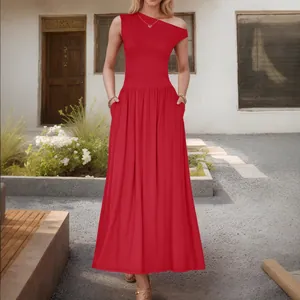 Elegant red off-shoulder maxi dress with side pockets and a flowing flared hemline