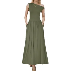 Olive green sleeveless asymmetric shoulder maxi dress with pockets and wide hem