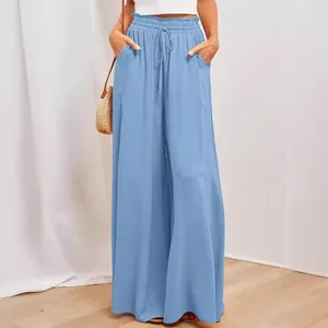 Hellblaue Damen Weite Hose mit Hoher Taille und Elastischem Kordelzug am Bund