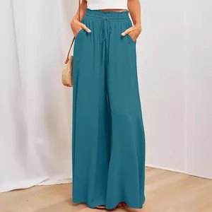 Damen-Weitbeinhose mit hohem Bund in Blaugrün, elastischem Tunnelzug und seitlichen Taschen