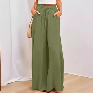 Olivgrüne weite Hose mit hohem Bund, elastischem Kordelzug und praktischen Seitentaschen