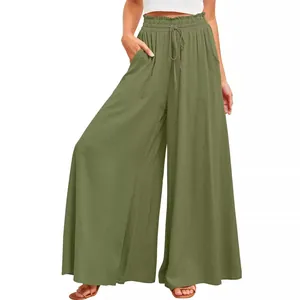 Damen-Palazzo-Hose mit hoher Taille in Olivgrün und elastischem gesmoktem Bund