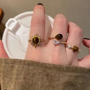 Vintage Gold Plated Alloy Tiger Eye Sunflower Star Zirconia Rings Boho Jewelry For Women Fashion Finger Accessory