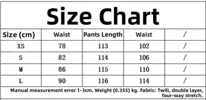 Size chart for high-waist pleated trousers with waist and length measurements