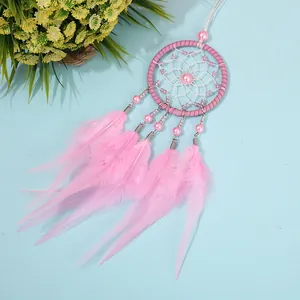 Pink handmade dreamcatcher car hanging ornament with feathers and beads for gift