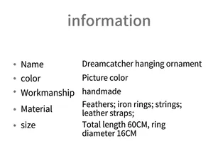 Detailed dimension guide showing 16cm ring diameter and 60cm length for pink dreamcatcher