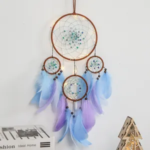 Acchiappasogni in Stile Indiano a Quattro Anelli Fatto a Mano Con Luci LED Piume Perline Decorazione da Parete per Casa