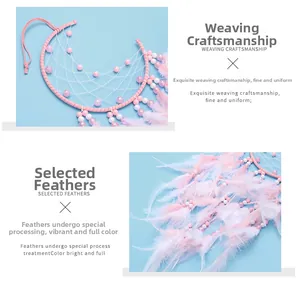 Detailed weaving craftsmanship and selected soft feathers on pink moon dreamcatcher
