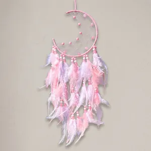 Handmade Pink Moon Dreamcatcher With Feathers And Decorative Beads Wall Hanging Ornament For Home Bedroom Decor Girl Birthday Gift