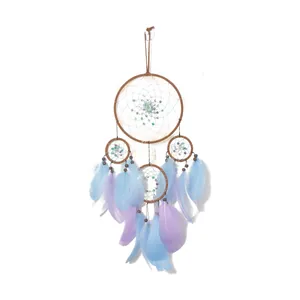 Acchiappasogni artigianale a quattro anelli blu cielo e viola con piume e perline decor