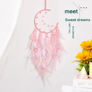 Pink moon dreamcatcher with feathers and beads for wall hanging or car decor