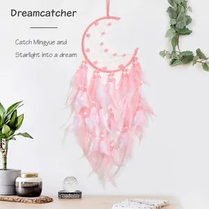 Moon-shaped pink dream catcher with feathers for home and car wall decoration
