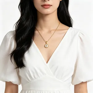 18K gold plated titanium steel necklace with round shell letter S pendant for women