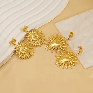 Retro Sun Face And Heart Sun Ray Drop Earrings 18K Gold Plated Stainless Steel Vintage European Style For Women