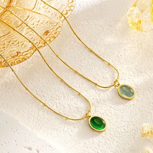 Vintage Stainless Steel Oval Cat Eye Stone Pendant Necklace For Women Gold Silver Beaded Chain Elegant Jewelry Gift
