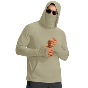 Detail of light khaki sun protection jacket with integrated face mask and thumb holes