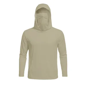 Detail of men's sun protection hoodie with integrated face mask in light khaki sand color