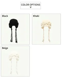 Detailed knit texture and color options of handmade crochet earflap hats with tassels