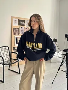 Women Vintage Maryland Letter Print Half Zipper Stand Collar Loose Oversized Cotton Sweatshirt Casual Long Sleeve Pullover
