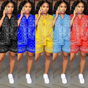 Women's paisley print two-piece casual set shown in black, blue, yellow and red colors