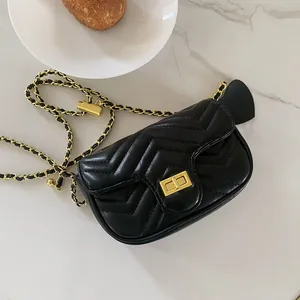 Chic black quilted crossbody bag with golden chain strap and chevron pattern design