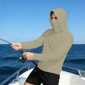Detail of khaki men sun protection hoodie with integrated face mask for sea fishing