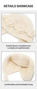Detail showing hand-knitted flower decor and breathable lining of the crochet hat