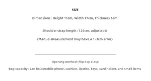 Detailed size specifications for quilted chain bag showing 11x17x6cm dimensions