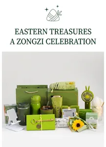 Detail view of green business gift set including umbrella, thermos, fan, and coffee mug
