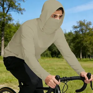 Action shot of men's ice silk sun protection jacket with integrated face mask for cycling