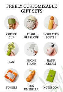 Business gift set including thermal mug, folding umbrella, mini fan and office stationery