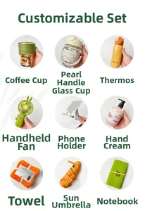 Business gift set including thermal mug, folding umbrella, mini fan and office stationery
