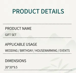 Detail view of business gift set specifications and sizes for wedding or birthday events