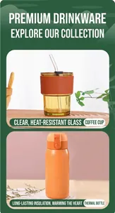 Detail of amber glass coffee cup with leather sleeve and orange stainless steel vacuum flask