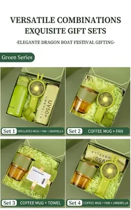 Detail view of green business gift sets featuring thermos, mini fan, and umbrella