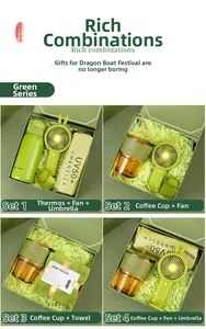 Detail view of green business gift sets featuring thermos, mini fan, and umbrella