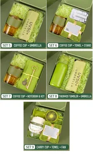 Detailed close-up of premium green gift set containing umbrella, thermos, and notebook