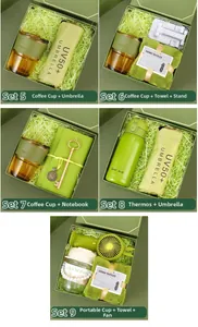 Detailed close-up of premium green gift set containing umbrella, thermos, and notebook