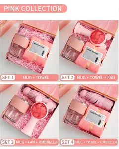 Pink series business gift set with coffee cup, towel, hand fan and umbrella details