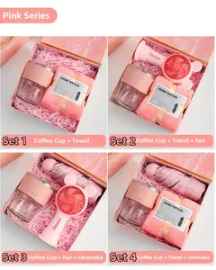 Pink series business gift set with coffee cup, towel, hand fan and umbrella details